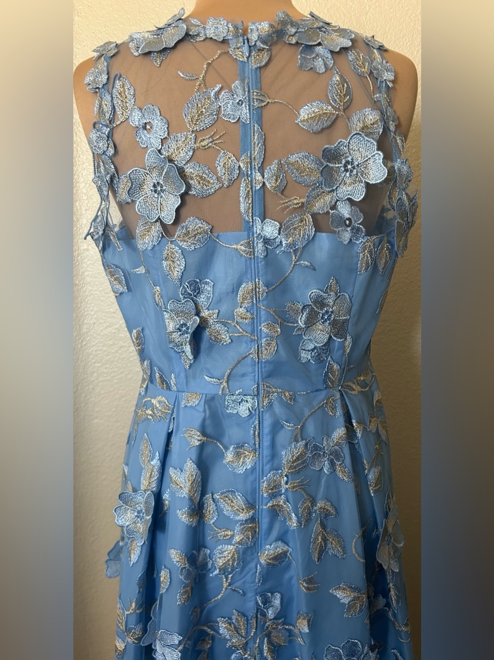 Adrianna Papell Light Blue Floral Appliqué Illusion Neck Midi Dress - Picture 11 of 13